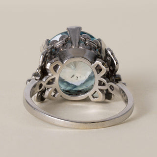 Antique Edwardian Platinum 7 Carat Blue Zircon Round Cut Ribbon Diamond Ring
