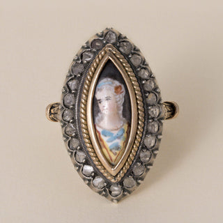 Antique Georgian 17K Gold Portrait Rose Cut Diamond Navette Ring