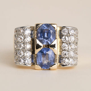 Retro 1940s 18K Gold 2.56 Carat Sapphire Old Mine Diamond Pave Tank Ring