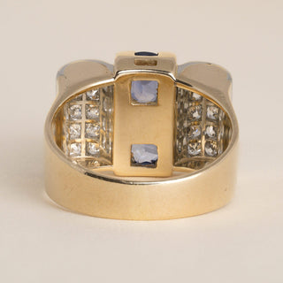 Retro 1940s 18K Gold 2.56 Carat Sapphire Old Mine Diamond Pave Tank Ring