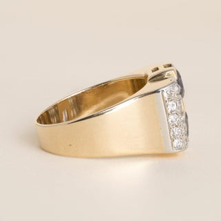 Retro 1940s 18K Gold 2.56 Carat Sapphire Old Mine Diamond Pave Tank Ring
