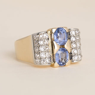 Retro 1940s 18K Gold 2.56 Carat Sapphire Old Mine Diamond Pave Tank Ring