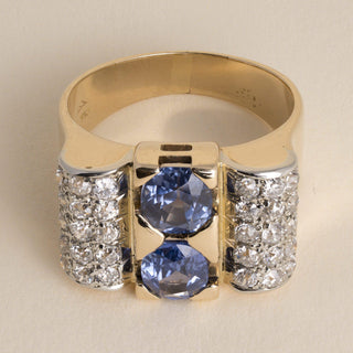 Retro 1940s 18K Gold 2.56 Carat Sapphire Old Mine Diamond Pave Tank Ring
