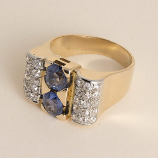 Retro 1940s 18K Gold 2.56 Carat Sapphire Old Mine Diamond Pave Tank Ring