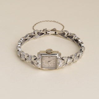 Vintage 1950s 14K White Gold Hamilton Diamond Cocktail Bracelet Watch
