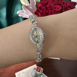 Vintage 1960s Omega 14K White Gold Marquise 2ct Diamond Cocktail Bracelet Watch