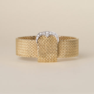 Vintage 14K Mesh Gold Hamilton Hidden Dial Diamond Cocktail Bracelet Watch