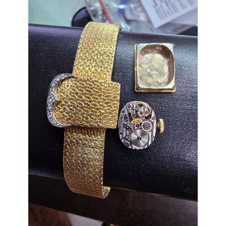 Vintage 14K Mesh Gold Hamilton Hidden Dial Diamond Cocktail Bracelet Watch