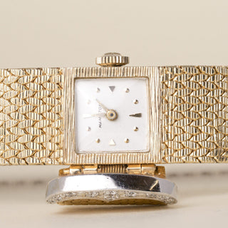 Vintage 14K Mesh Gold Hamilton Hidden Dial Diamond Cocktail Bracelet Watch