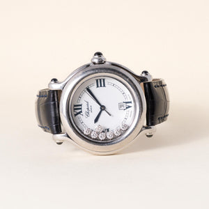 Vintage Chopard Happy Sport Diamonds and  Leather Strap S. Steel Watch