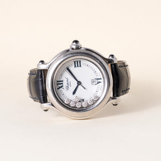 Vintage Chopard Happy Sport Diamonds and  Leather Strap S. Steel Watch
