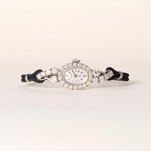Vintage Art Deco Hamilton Oval Dial 2 Carats Diamond Black Rope Cocktail Watch