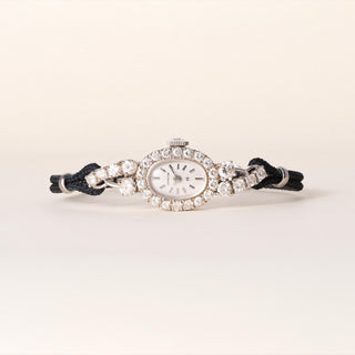 Vintage Art Deco Hamilton Oval Dial 2 Carats Diamond Black Rope Cocktail Watch