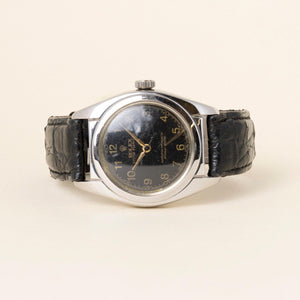 Vintage Rolex Oyster Perpetual Back Black Dial Leather Strap Watch