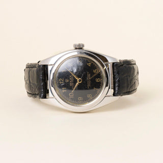 Vintage Rolex Oyster Perpetual Back Black Dial Leather Strap Watch