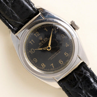 Vintage Rolex Oyster Perpetual Back Black Dial Leather Strap Watch