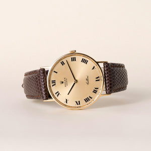 Vintage Rolex Cellini 18K Gold Champagne Dial Brown Leather Strap Watch