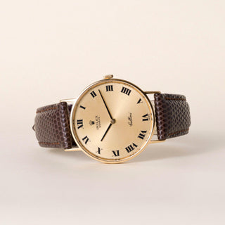 Vintage Rolex Cellini 18K Gold Champagne Dial Brown Leather Strap Watch