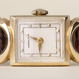 Vintage 1950s Hamilton Cocktail 14K Yellow Gold Manual Wind Lizard Strap Watch