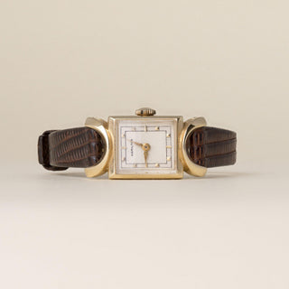 Vintage 1950s Hamilton Cocktail 14K Yellow Gold Manual Wind Lizard Strap Watch