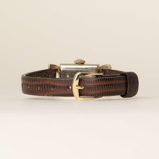 Vintage 1950s Hamilton Cocktail 14K Yellow Gold Manual Wind Lizard Strap Watch