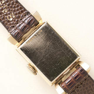 Vintage 1950s Hamilton Cocktail 14K Yellow Gold Manual Wind Lizard Strap Watch