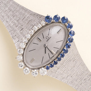 Omega De Ville Vintage 18-Karat White Gold Diamond and Blue Sapphire Watch