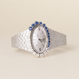 Omega De Ville Vintage 18-Karat White Gold Diamond and Blue Sapphire Watch