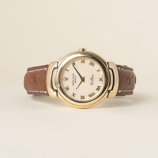 Vintage Rolex Cellini Peach Dial Brown Leather Strap 18K Yellow Gold Watch