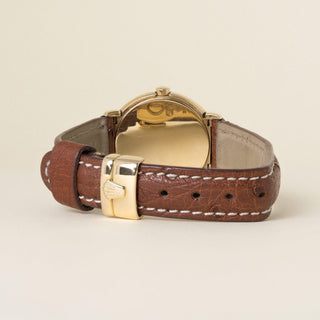 Vintage Rolex Cellini Peach Dial Brown Leather Strap 18K Yellow Gold Watch