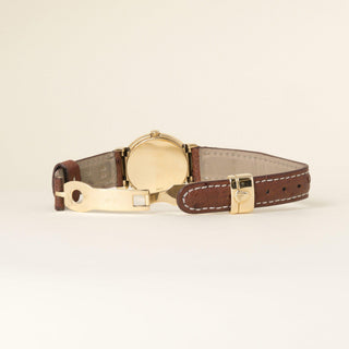 Vintage Rolex Cellini Peach Dial Brown Leather Strap 18K Yellow Gold Watch