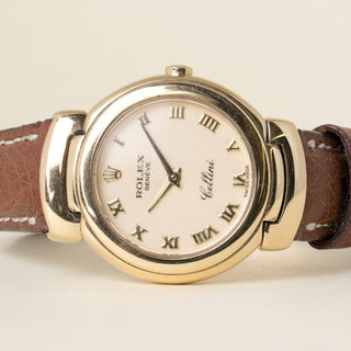 Vintage Rolex Cellini Peach Dial Brown Leather Strap 18K Yellow Gold Watch