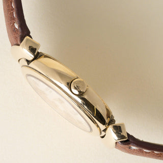 Vintage Rolex Cellini Peach Dial Brown Leather Strap 18K Yellow Gold Watch