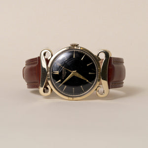 Vintage 50s Longines Scroll Lugs 14K Yellow Gold Black Dial Brown Leather Strap