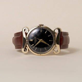 Vintage 50s Longines Scroll Lugs 14K Yellow Gold Black Dial Brown Leather Strap