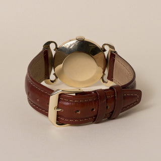Vintage 50s Longines Scroll Lugs 14K Yellow Gold Black Dial Brown Leather Strap