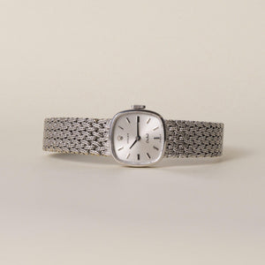 Vintage 1960s 18K Gold Rolex Orchid Cushion Silver Dial Woven Mesh Ladies Watch