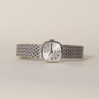Vintage 1960s 18K Gold Rolex Orchid Cushion Silver Dial Woven Mesh Ladies Watch