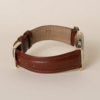 Vintage 50s Longines Scroll Lugs 14K Yellow Gold Black Dial Brown Leather Strap