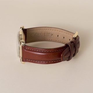 Vintage 50s Longines Scroll Lugs 14K Yellow Gold Black Dial Brown Leather Strap