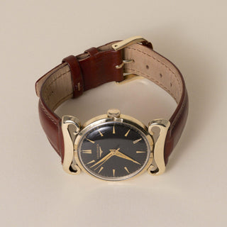 Vintage 50s Longines Scroll Lugs 14K Yellow Gold Black Dial Brown Leather Strap