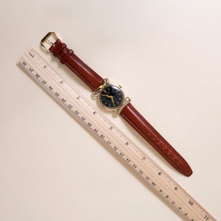 Vintage 50s Longines Scroll Lugs 14K Yellow Gold Black Dial Brown Leather Strap