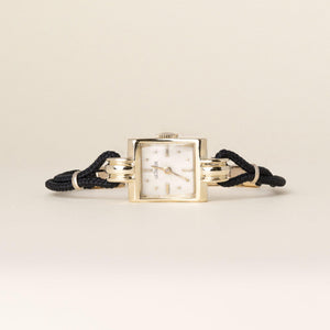 Vintage 1940s Le Coultre Square Dial 14K Yellow Gold Black Nylon Strap Watch