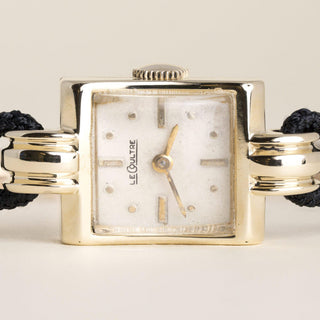 Vintage 1940s Le Coultre Square Dial 14K Yellow Gold Black Nylon Strap Watch