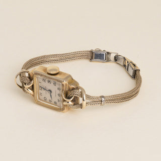 Vintage 1940s Rolex 9K Gold Square Dial Gold-Filled Wire Mesh Bracelet Watch