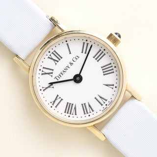 Vintage 18K Gold Tiffany and Co. Circle Dial Powder Blue Leather Strap Watch