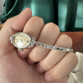 1920 Antique Movado Ladies Oval Peach Dial 14K White Gold Diamond Cocktail Watch