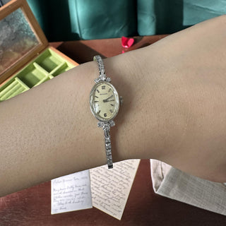 1920 Antique Movado Ladies Oval Peach Dial 14K White Gold Diamond Cocktail Watch