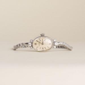1920 Antique Movado Ladies Oval Peach Dial 14K White Gold Diamond Cocktail Watch