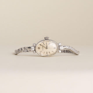 1920 Antique Movado Ladies Oval Peach Dial 14K White Gold Diamond Cocktail Watch